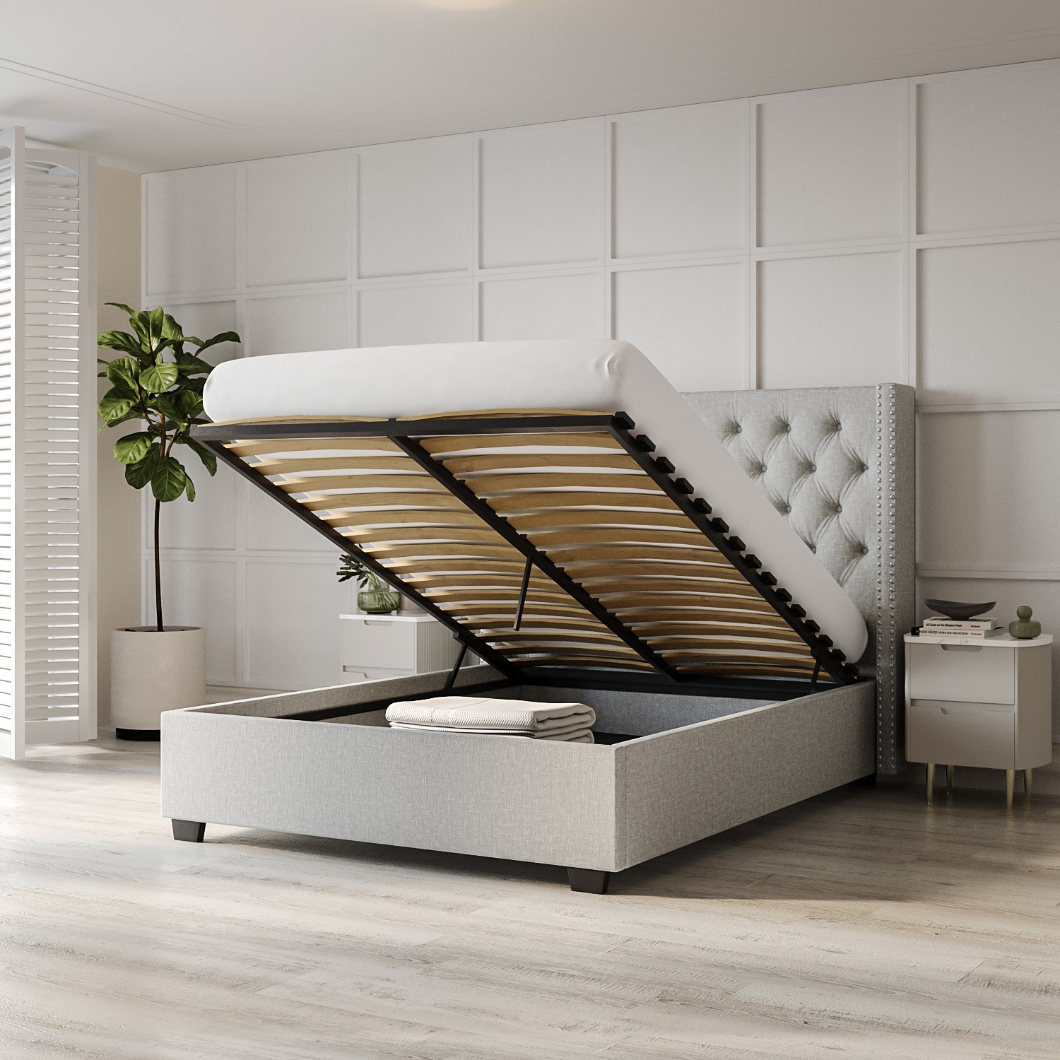 Read more about Light grey fabric double ottoman bed with winged headboard maeva